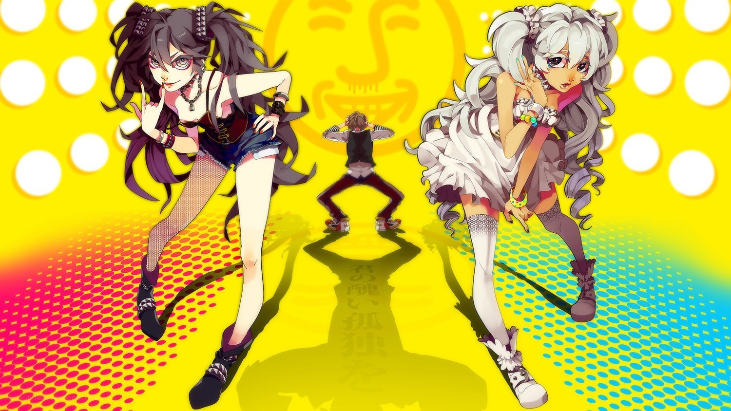Anime characters dancing on colorful background