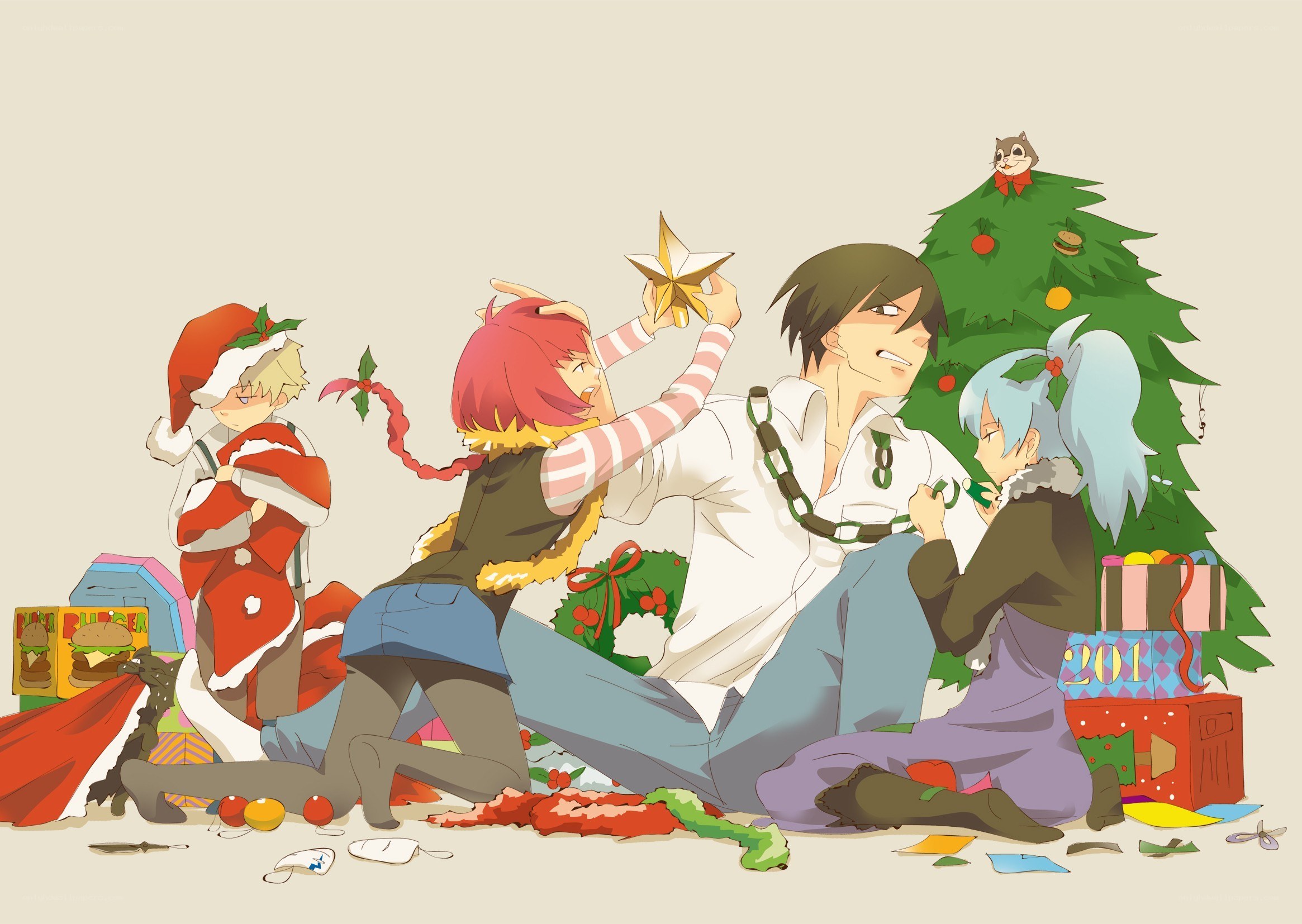 anime characters decorating a Christmas tree