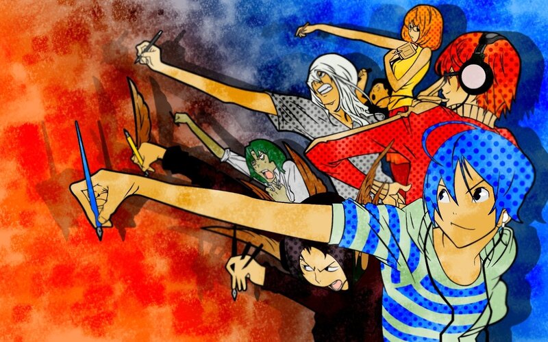 anime characters drawing together