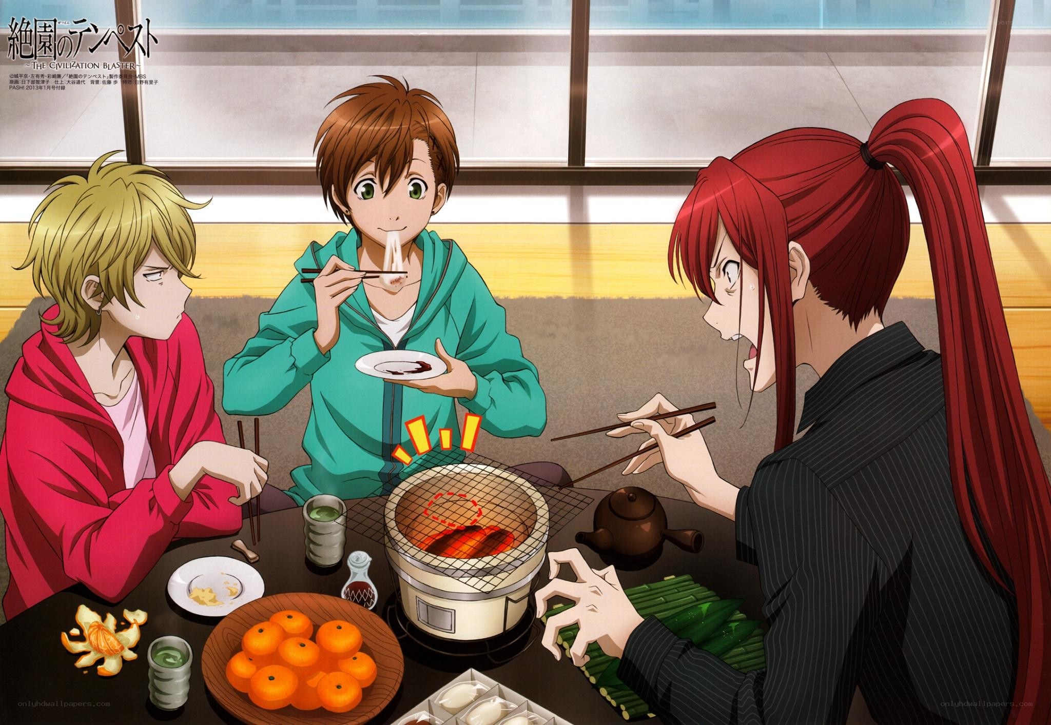 anime characters eating barbecue