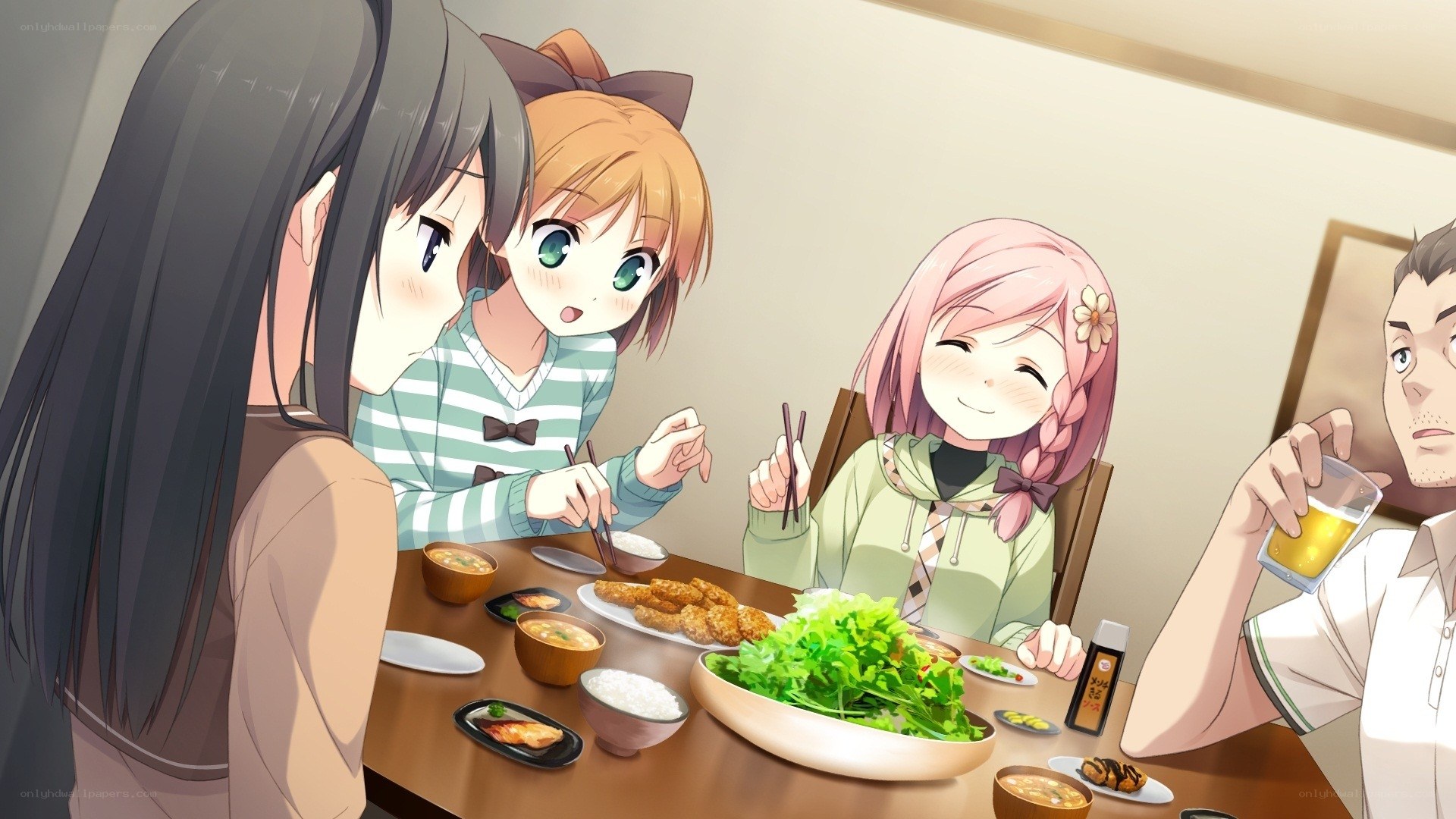 anime characters eating dinner
