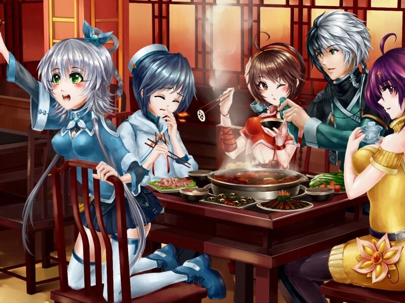 Anime Characters Eating Hot Pot — Blue, Lively