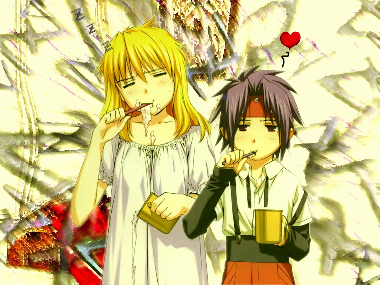 Anime characters eating noodles