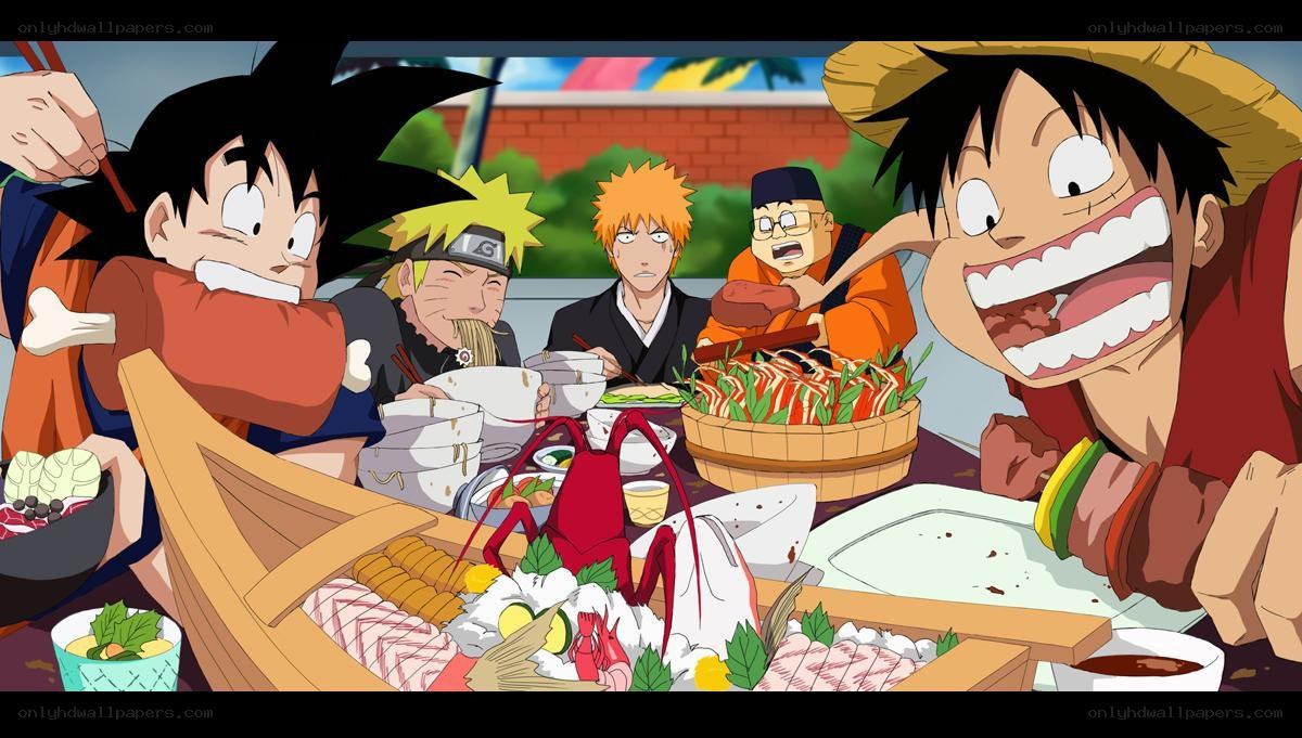 anime characters eating seafood