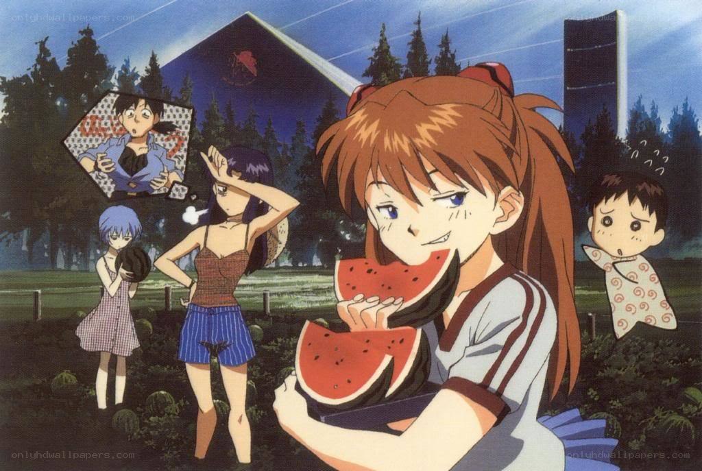 Anime characters eating watermelon