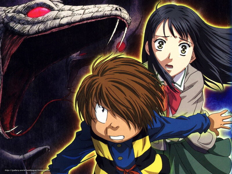 Anime characters facing a giant snake