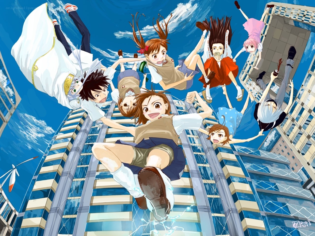 anime characters falling in city