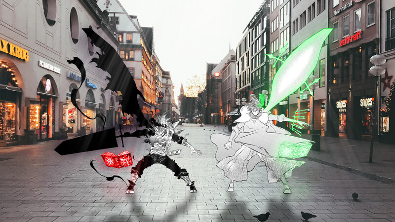 Anime Characters Fighting — Black, Dramatic, Sunset