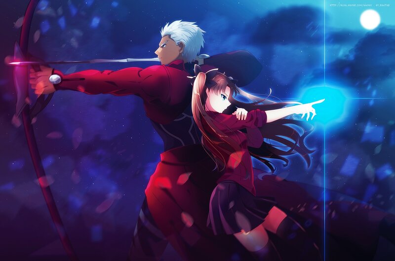 Anime Characters Fighting — Blue, Dramatic, Night, Digital Art, Bow and Arrow