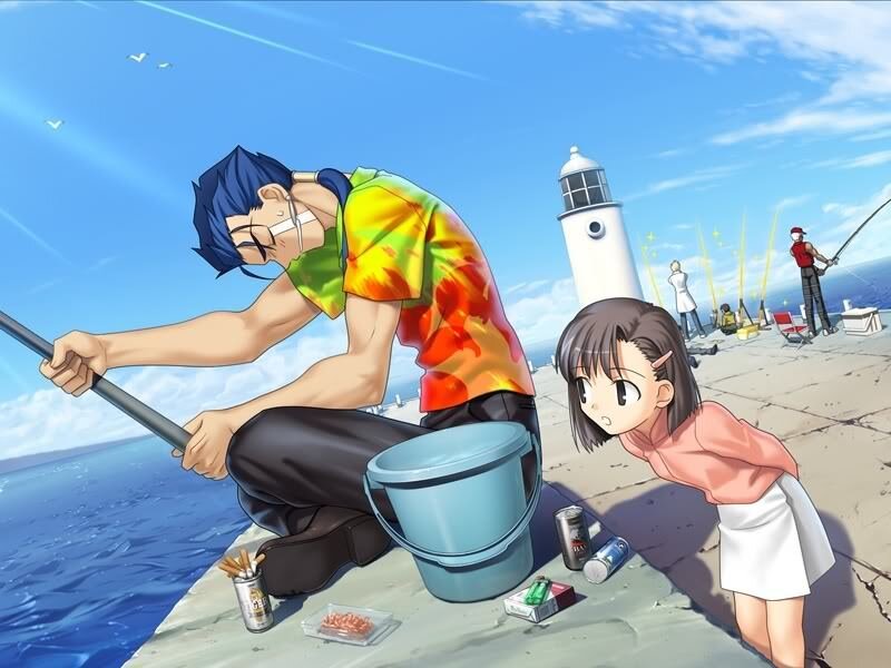 Anime characters fishing at a pier
