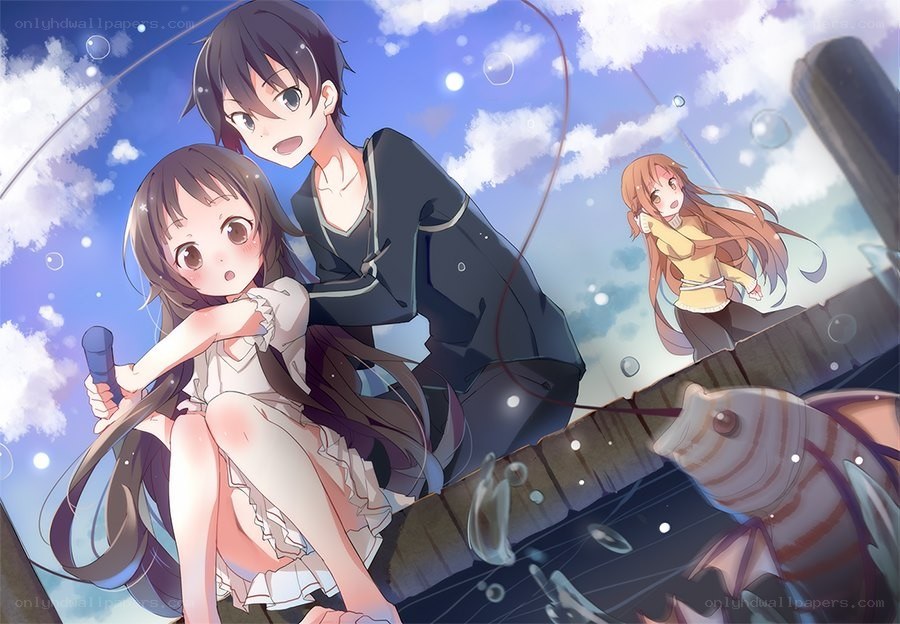 Anime characters fishing on a dock