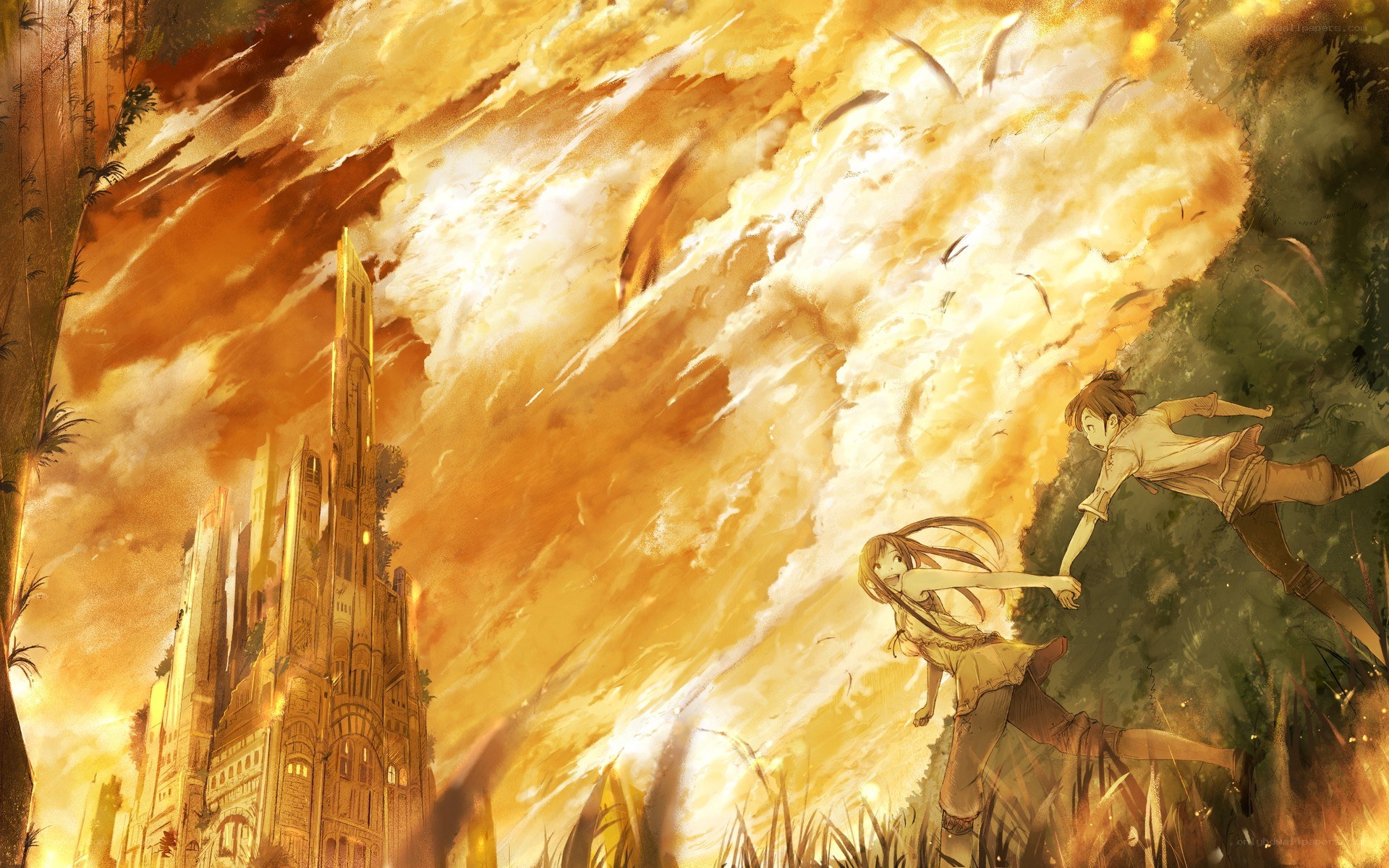 Anime characters fleeing disaster