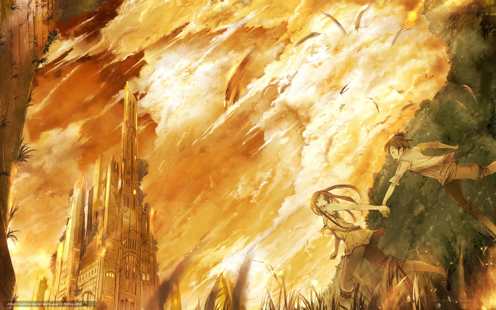 Anime characters fleeing explosion