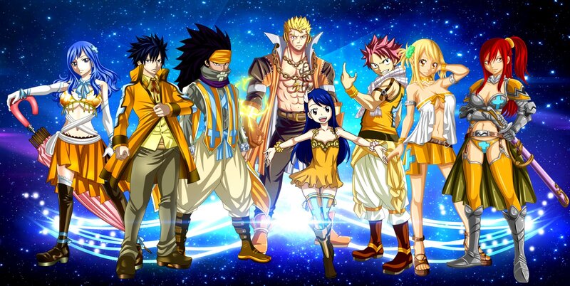 Anime Characters Group — Blue, Dramatic, Night, Stars