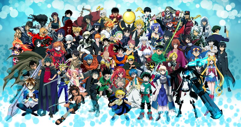 Anime Characters Group — Blue, Energetic, Weapons