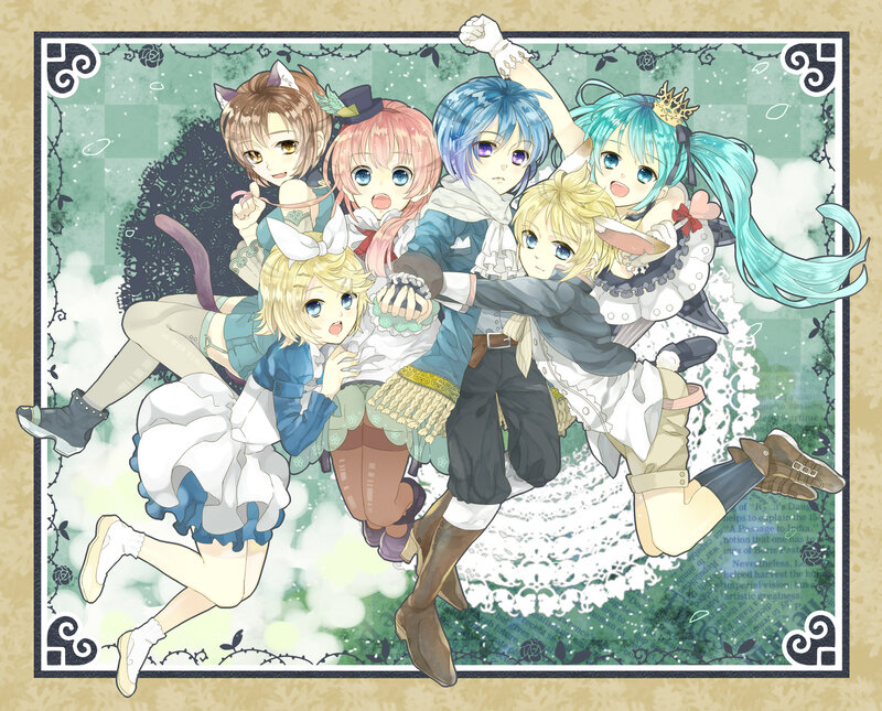 Anime Characters Group — Blue, Playful, Digital Art, Cat Ears