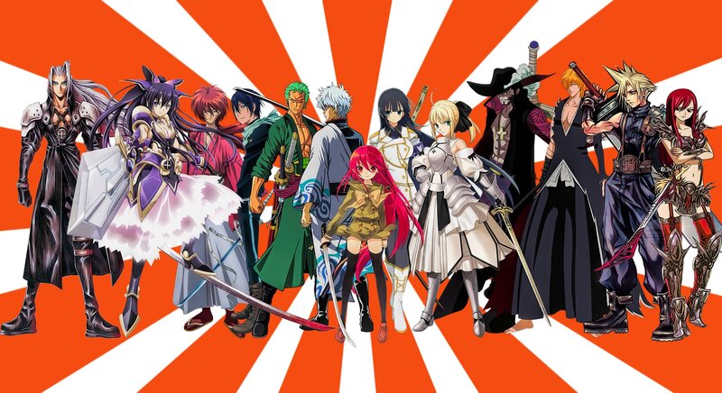 Anime Characters Group — Orange, Dramatic, Swords