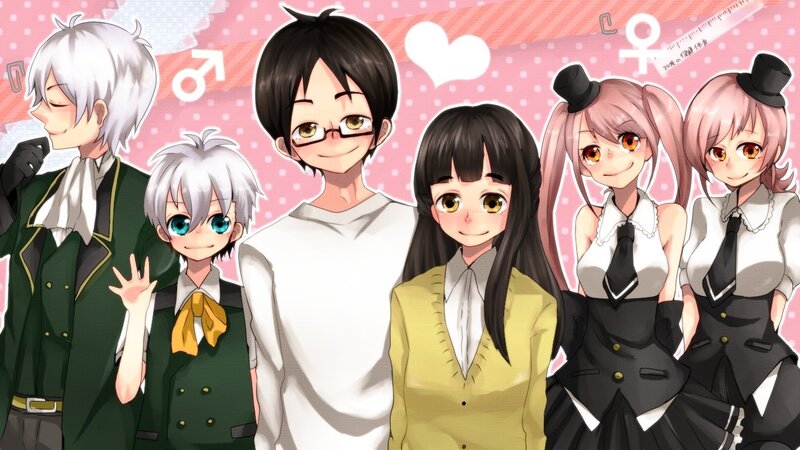 Anime Characters Group — Pink, Cheerful, Heart Symbols