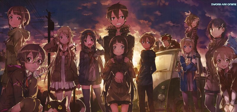 Anime Characters Group — Purple, Dramatic, Sunset, Cat