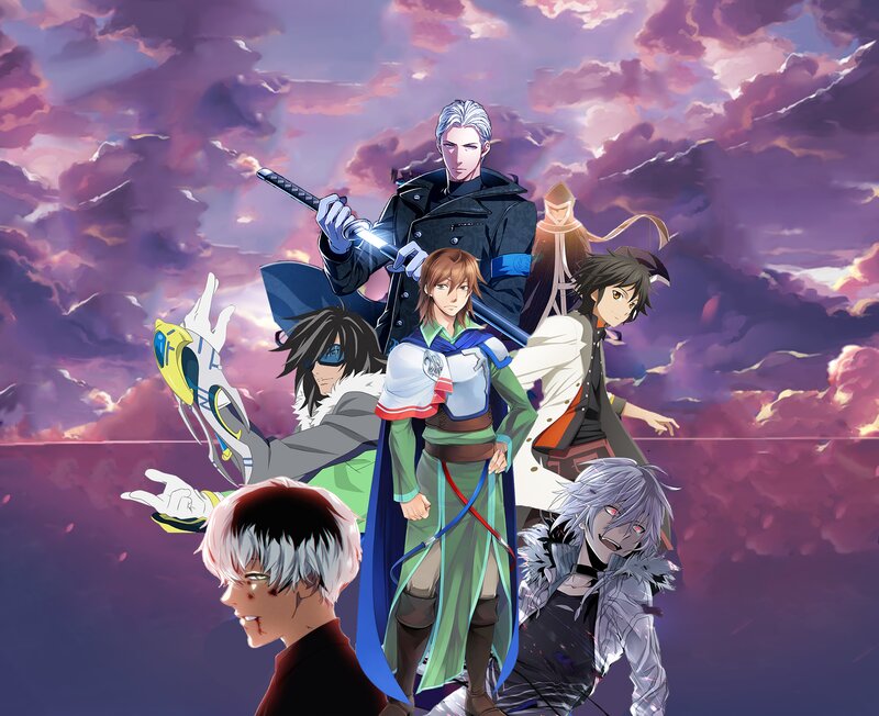 Anime Characters Group — Purple, Dramatic, Sunset, Sword