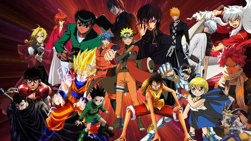 Anime Characters Group — Red, Dramatic, Action Poses