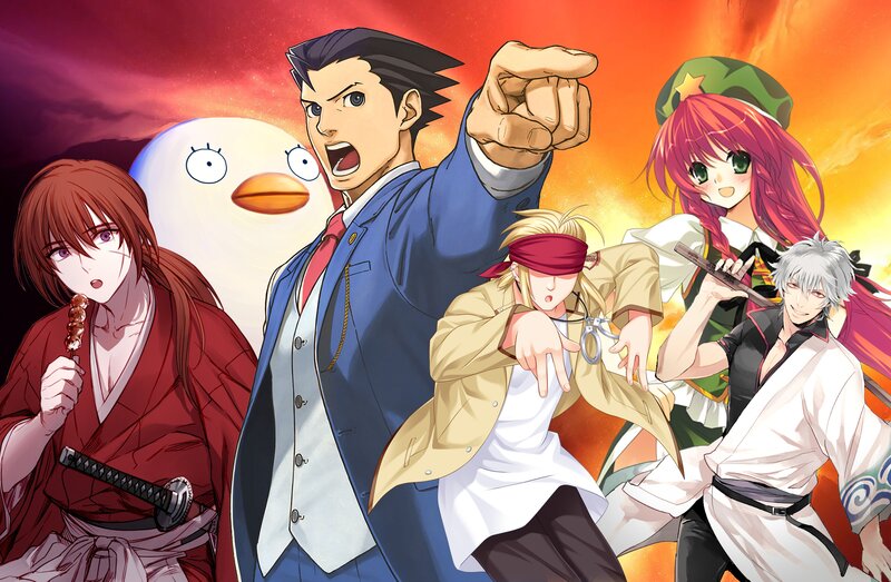 Anime Characters Group — Red, Dramatic, Sunset
