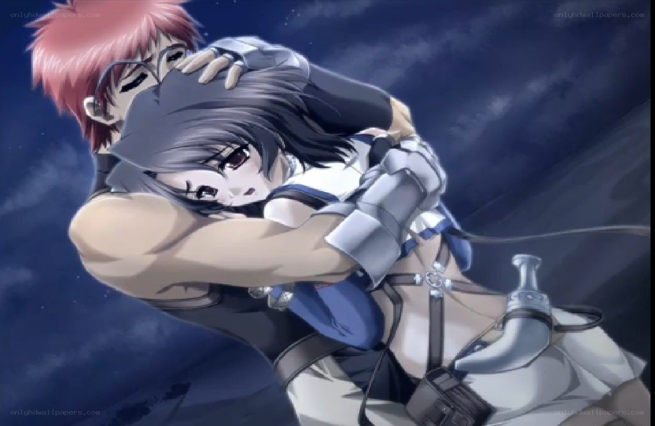 anime characters hugging at night