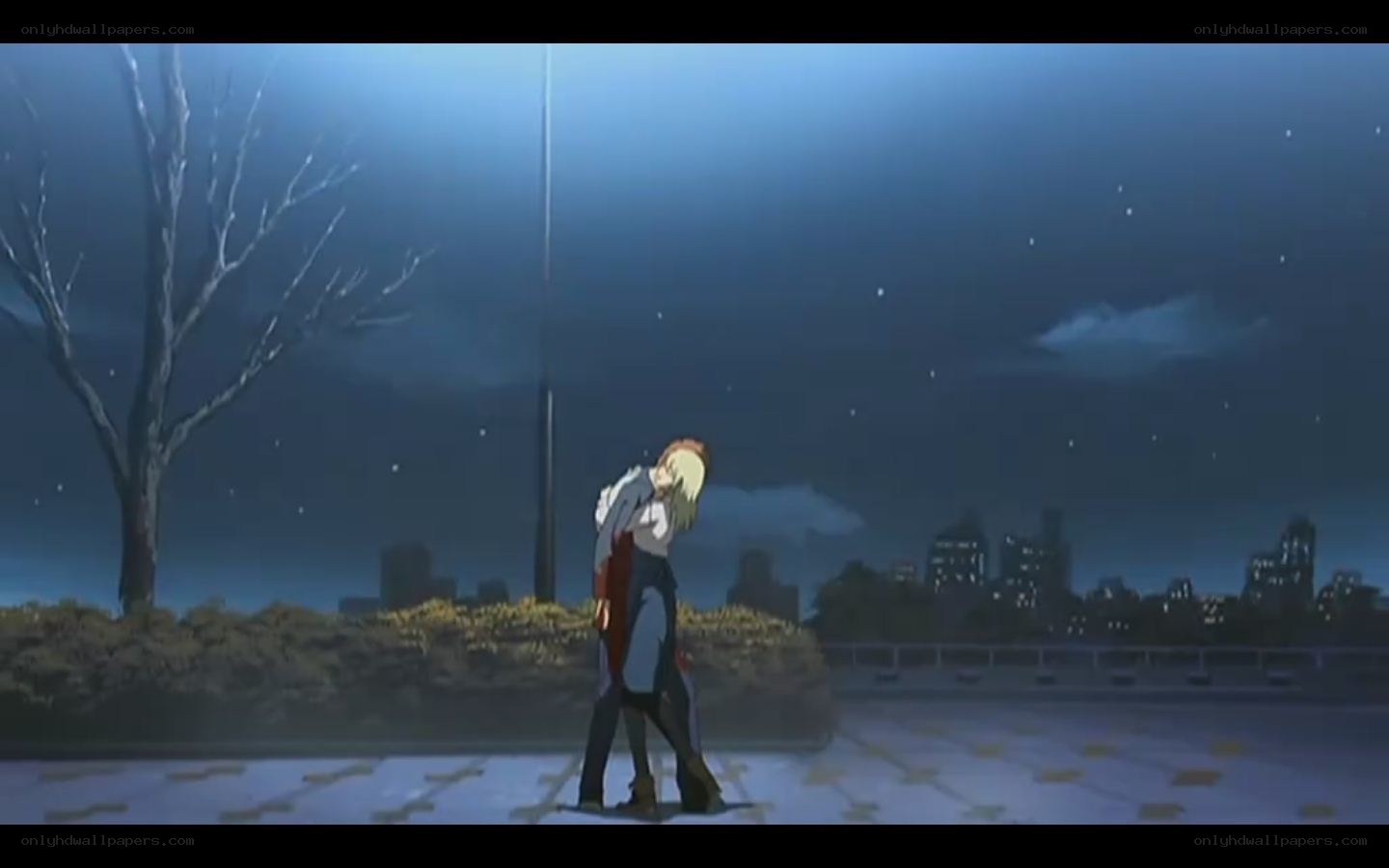 anime characters hugging at night