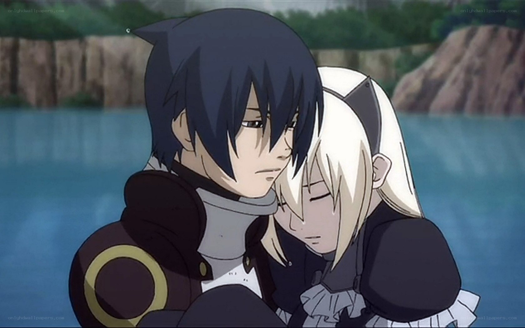 anime characters hugging by water