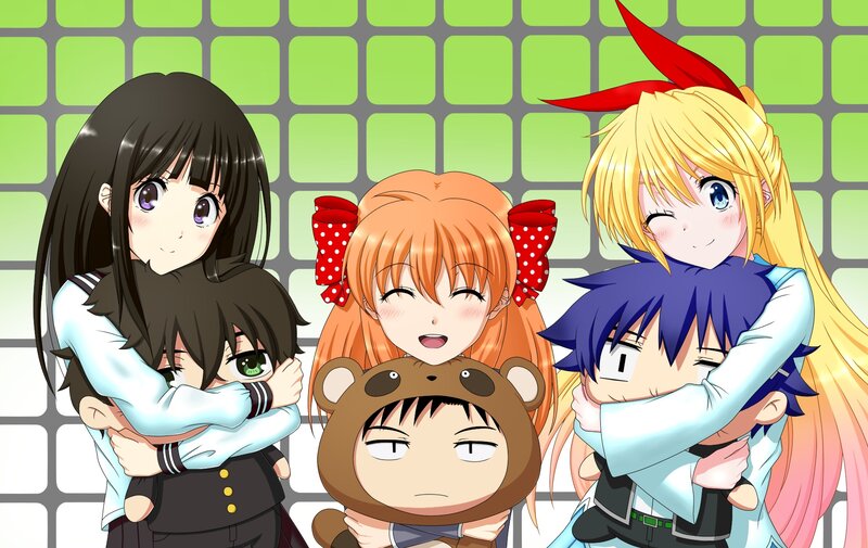 Anime Characters Hugging — Green, Playful