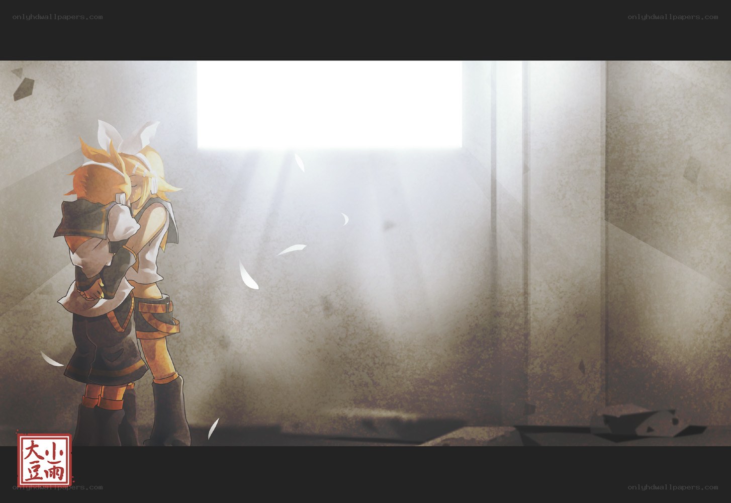 Anime characters hugging in a sunlit room