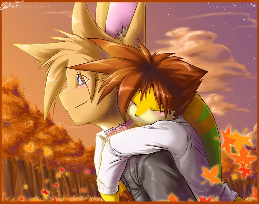 anime characters hugging in autumn