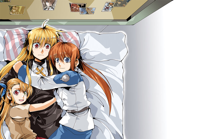 anime characters hugging in bed