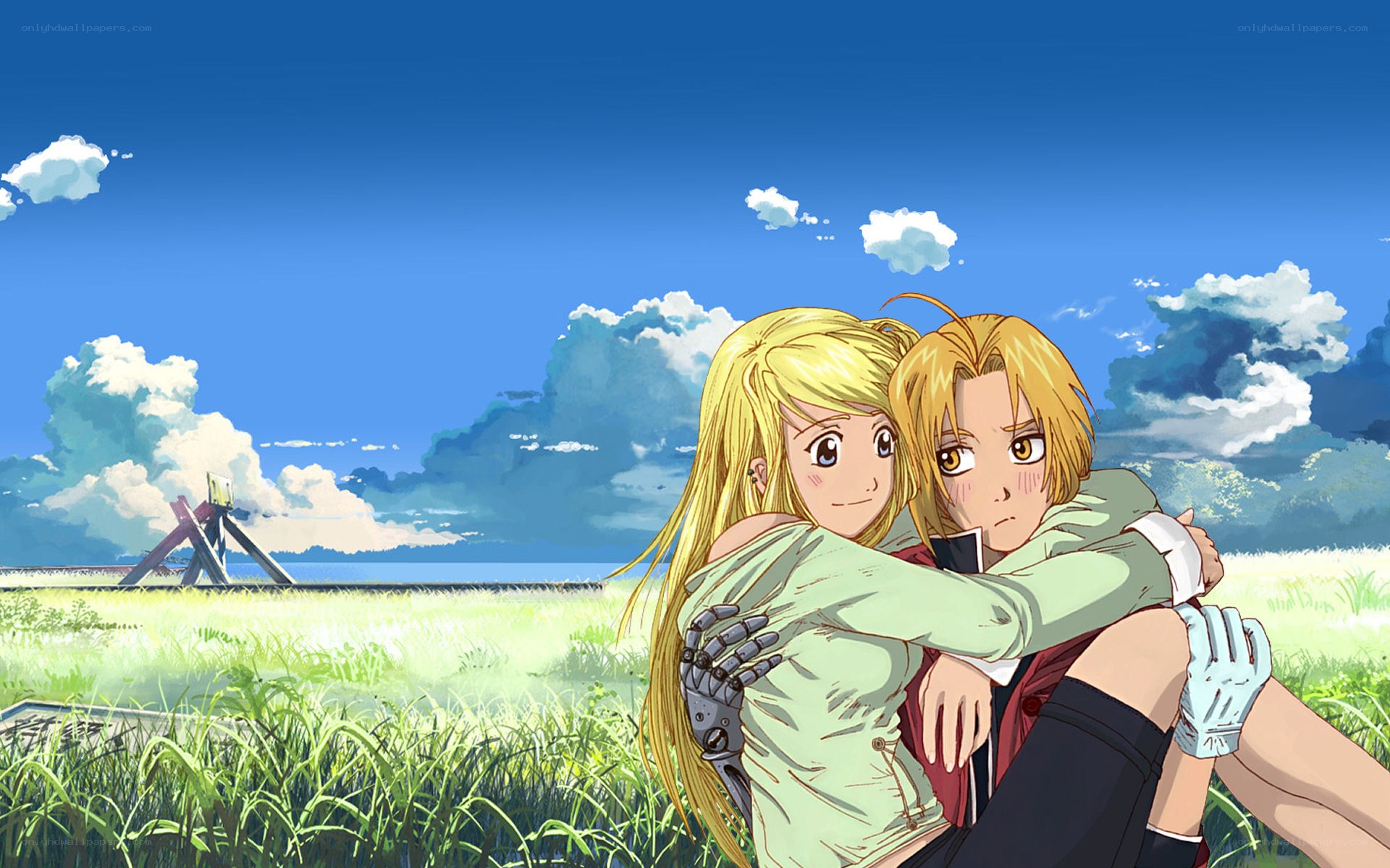 anime characters hugging in field