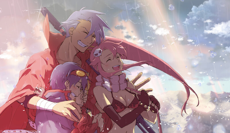 anime characters hugging in rain