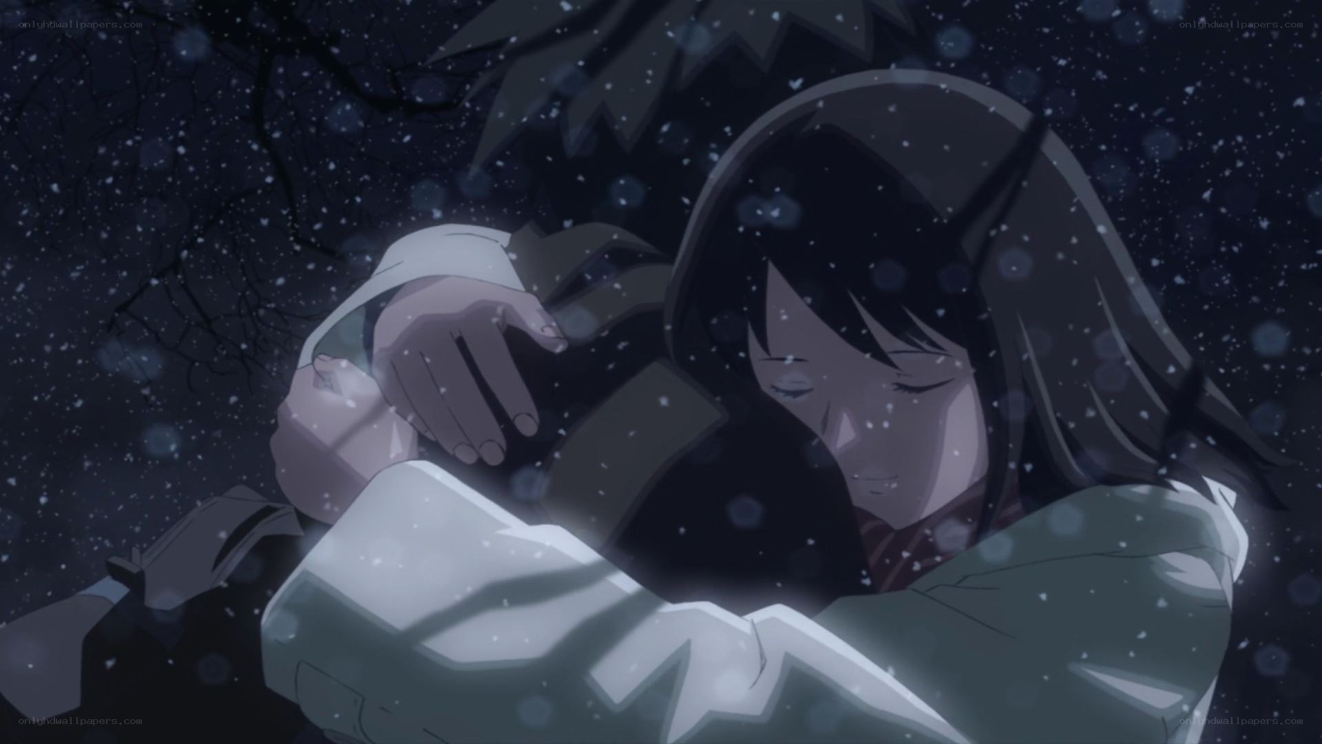 anime characters hugging in snow