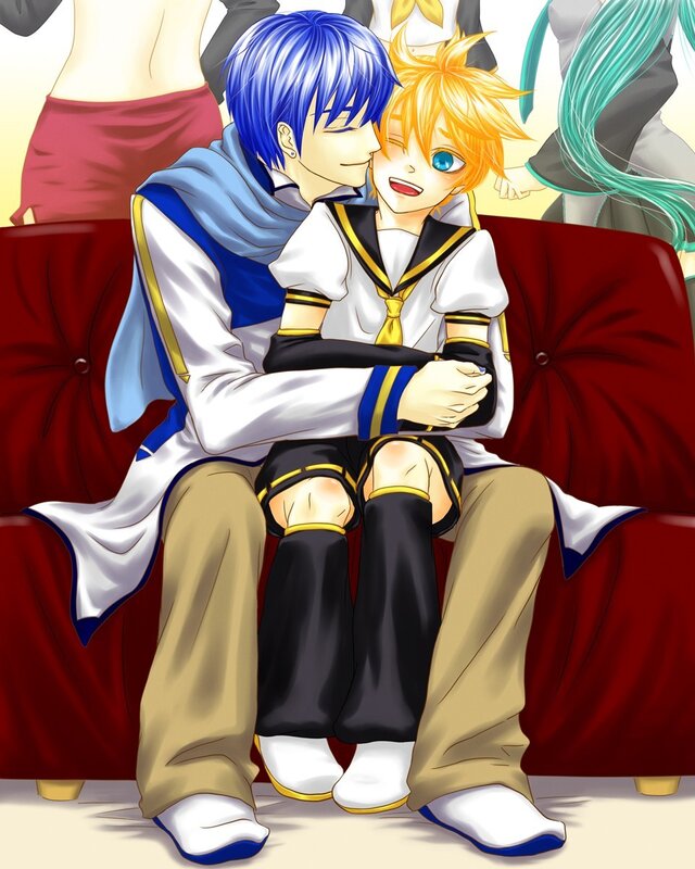 anime characters hugging on couch