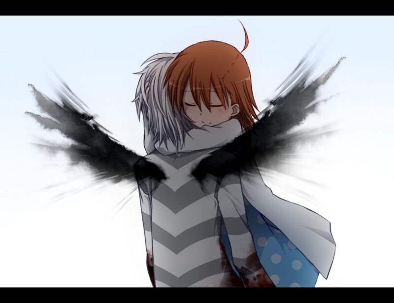 anime characters hugging with wings