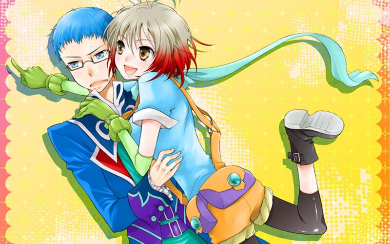 Anime Characters Hugging — Yellow, Playful, Glasses