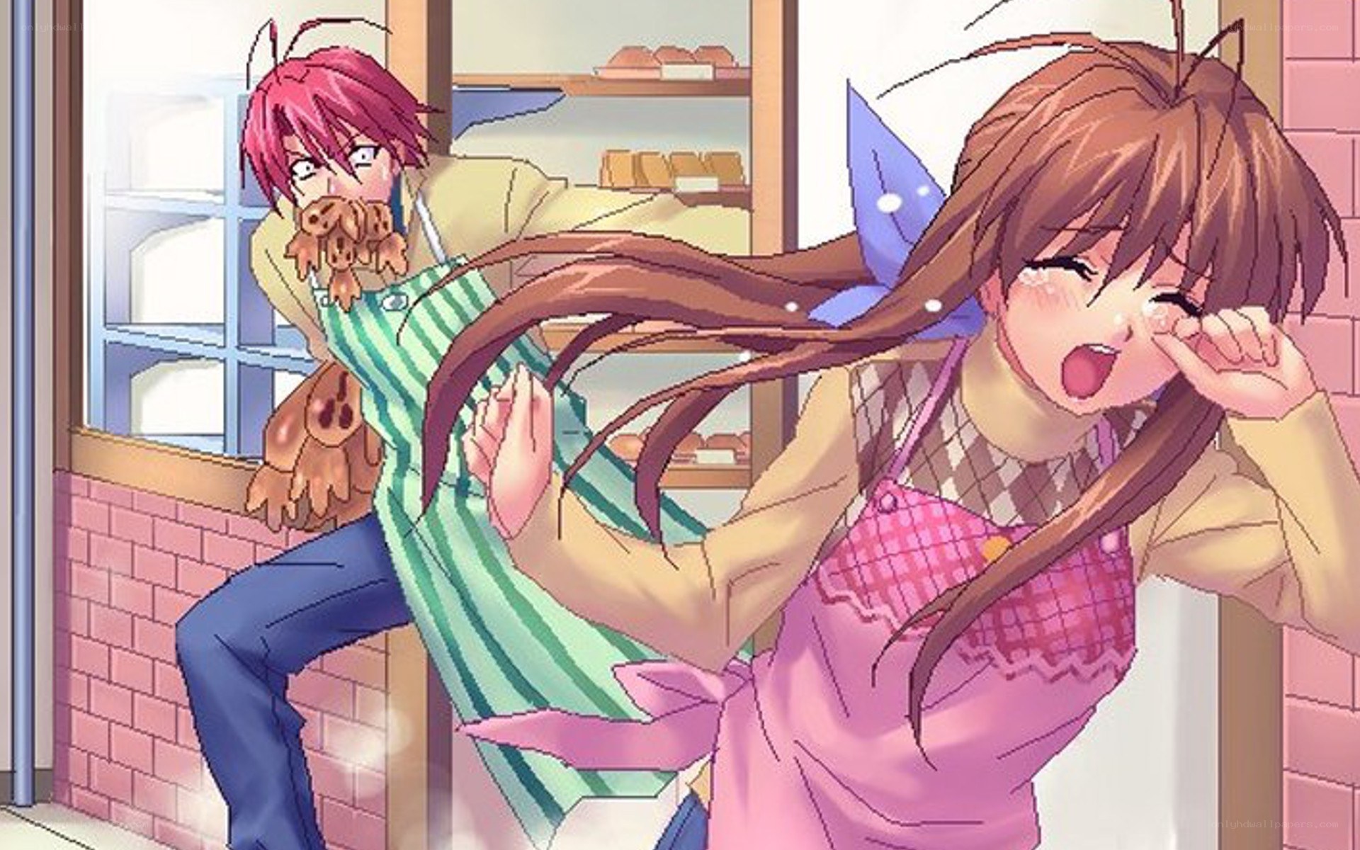 Anime characters in a bakery