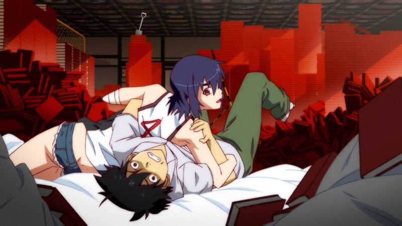 Anime characters in a book-filled room