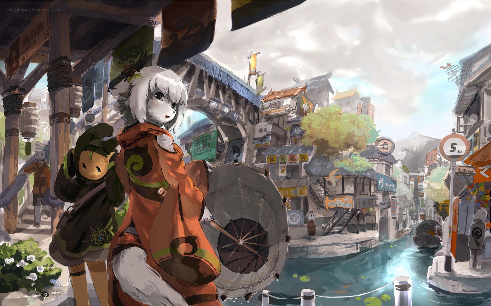 Anime characters in a bustling town