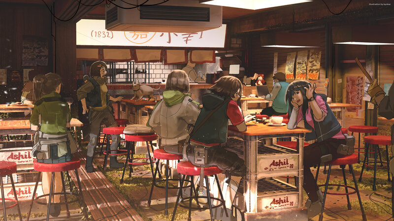 Anime Characters in a Cafe — Brown, Dramatic