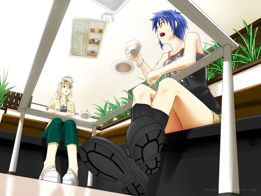 Anime characters in a cafe