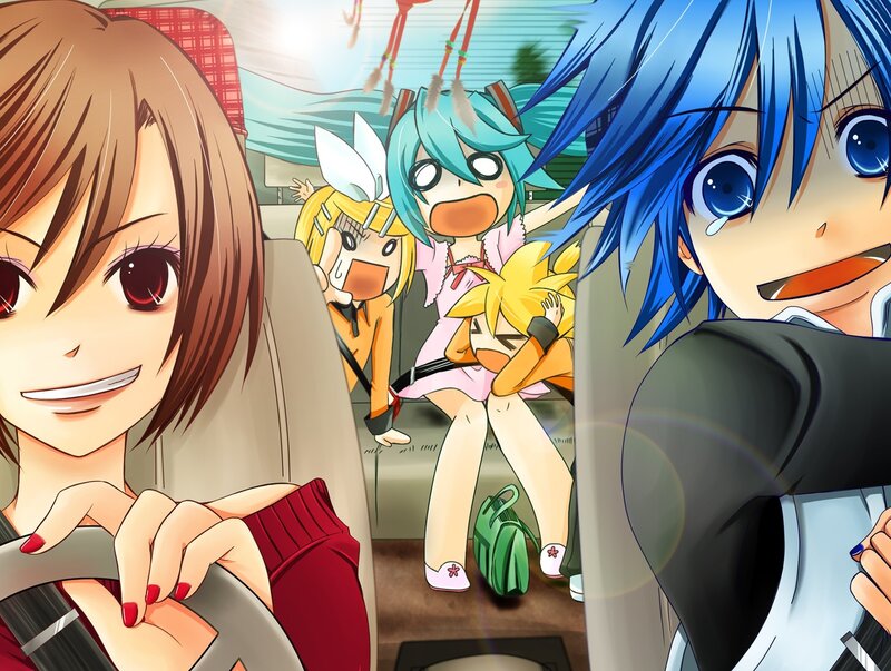 Anime characters in a car