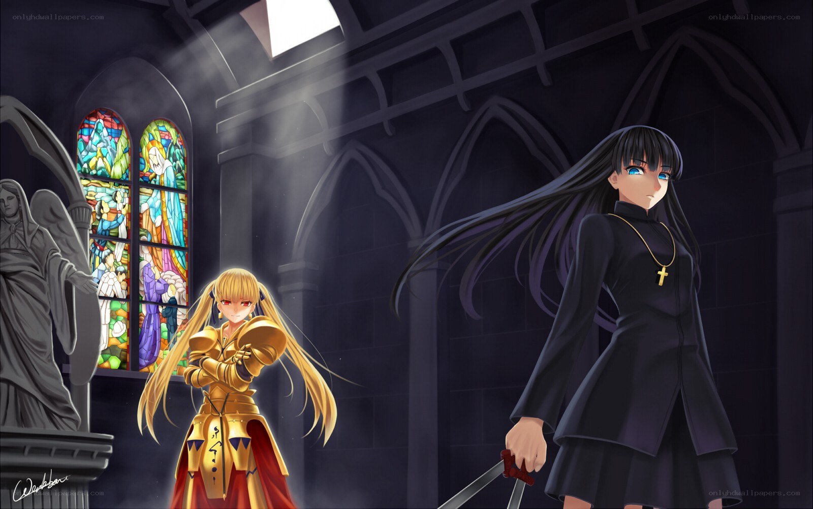 Anime characters in a cathedral