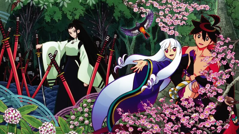 Anime characters in a cherry blossom garden
