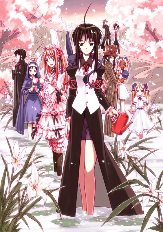Anime characters in a cherry blossom garden