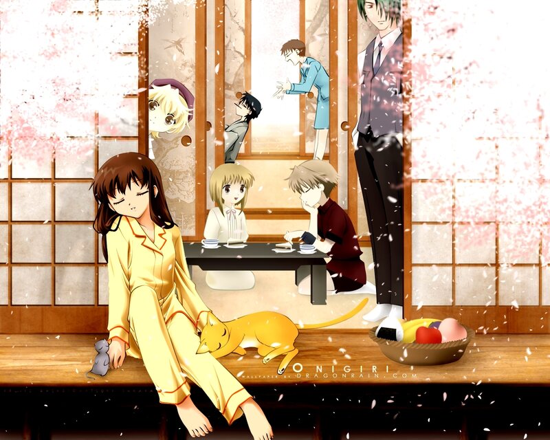 Anime characters in a cherry blossom room