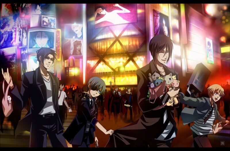 Anime characters in a city at night